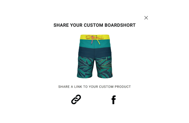 Billabong Custom Tribong pro configurator webpage. On this page, once choosen your size but also the different parts of the swimming trunks, you can share it with a link or directly on the social networks