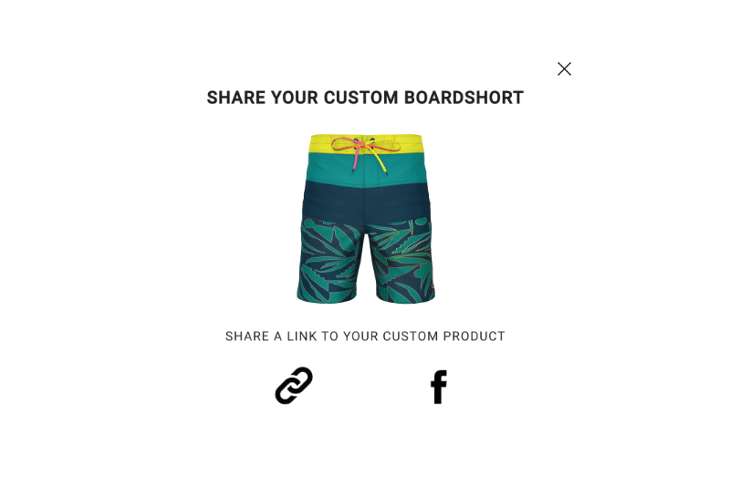 Page web du configurateur Billabong Custom Tribong pro. Sur cette page, une fois choisie votre taille mais aussi les différentes parties du maillot de bain, vous pouvez la partager avec un lien ou directement sur les réseaux sociaux.