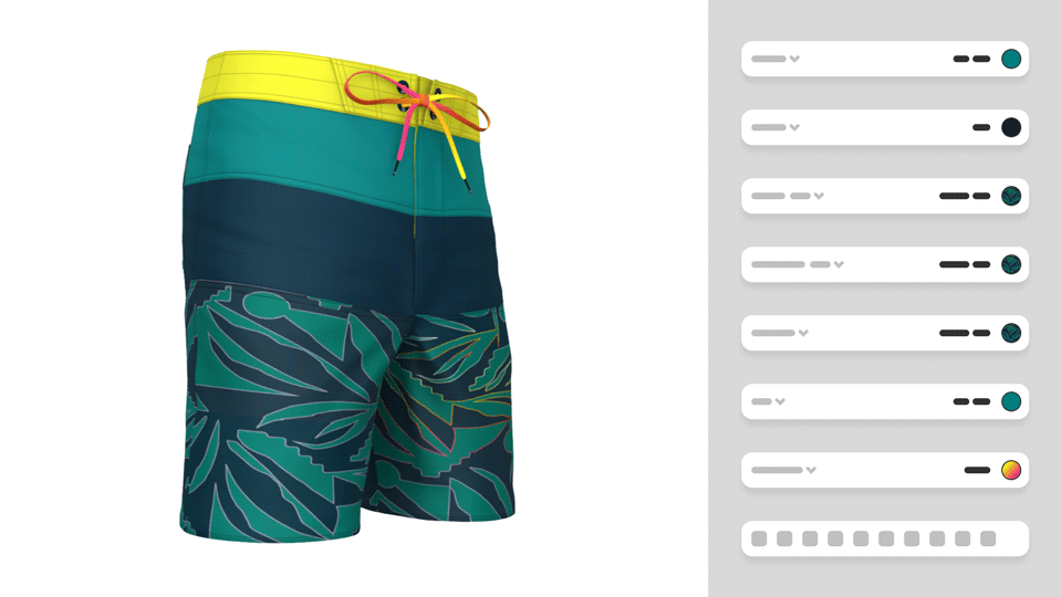 Interactive 3D rendering of a customized Bilabong Boardshort in a mockup online customizer interface