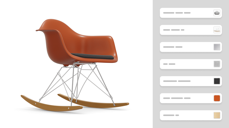 Screenshot of a vitra Eames chair configuratorµ. The picture show an Eames RAR plastic armchair maple wood base. The rocking chair base is made of maple wood and metal. The color of the plastic chair seat is red and black.