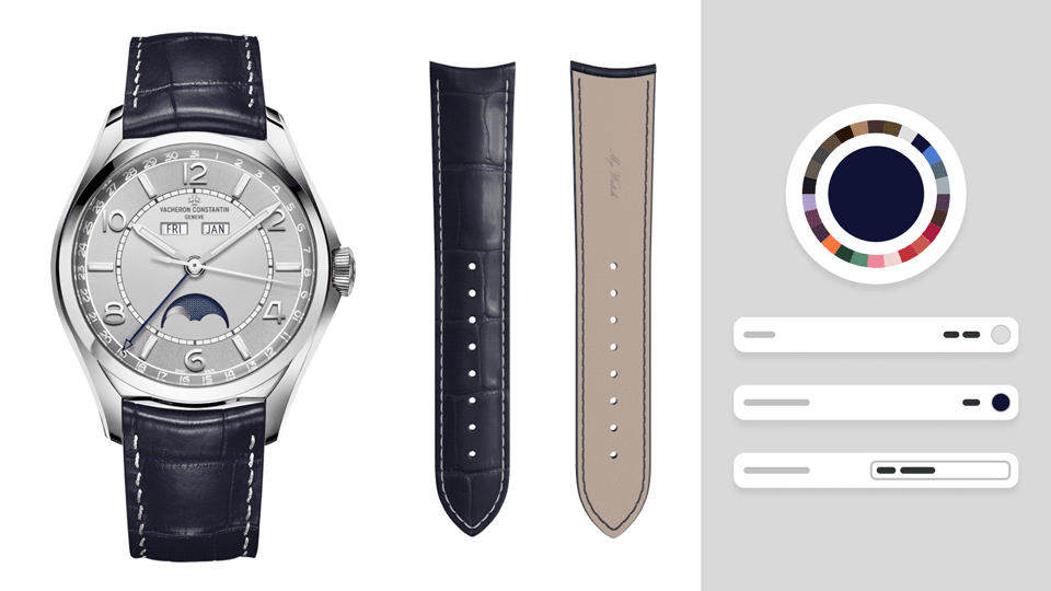 Interactive 3D rendering of a personnizable Vacheron Constantin watch and leather strap in a mockup of an online customizer. The back side of the watch strap has a custom text applied to it.