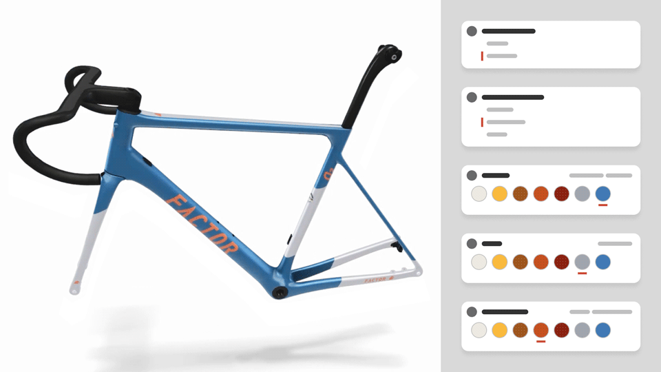 Factor bike configurator built with Emersya platform to give a new dimension and provide a unique online customization experience. PRISMA STUDIO is Factor’s custom paint program. It offers you the possibility to choose different artwork, finishes and paint colors to build a unique frameset, all in interactive 3D.