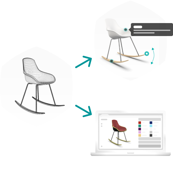 Create 3D product experiences Optimized 3D model of a rocking chair showing the wire frame is transformed into two different Interacitve 3D product experiences. An Interactive 3D product discovery experience with annotations and an animation to demonstrate the rocking motion, and a Interactive 3D configurator where each part of the chair can be customized.