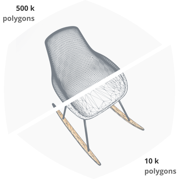 Optimize 3D assets 3D model of a rocking chair showing the wire frame before and after optimization. Before optimization the 3D mesh is very dense, made up of 500k polygons and weighing …mb. After optimization the 3D mesh is lighter, with only 10k polygons and weighing …mb