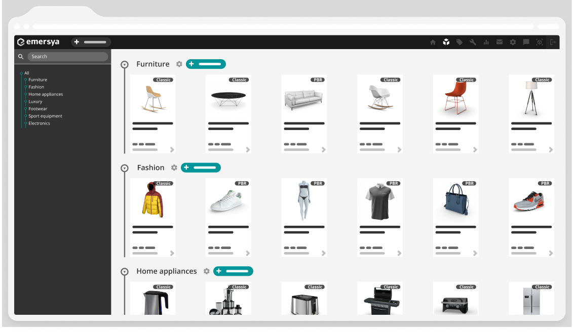 A mockup of the project page for a demo account on the Emersya 3D & AR platform interface displayed on a laptop computer. The mockup shows small thumnbnails for a wide variety of products.