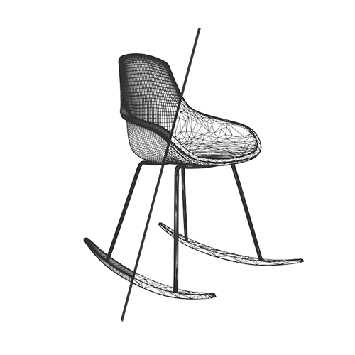 3D model of a rocking chair showing the wire frame before and after optimization. Before optimization the 3D mesh is very dense with a high number of polygons, after optimization the 3D mesh is lighter with fewer polygons.