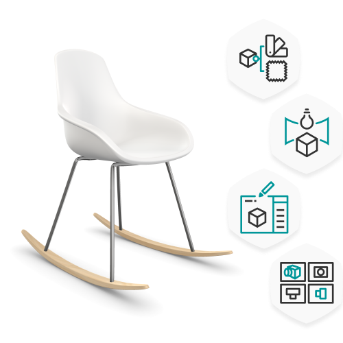 Rendered 3D model of a rocking chair with a white plastic seat, metal legs and light wooden rockers. Next to the chair a series of icons indicate the possibility to create different libraries on the Emersya Platform for digital material, sceneries, interfaces and viewpoints.