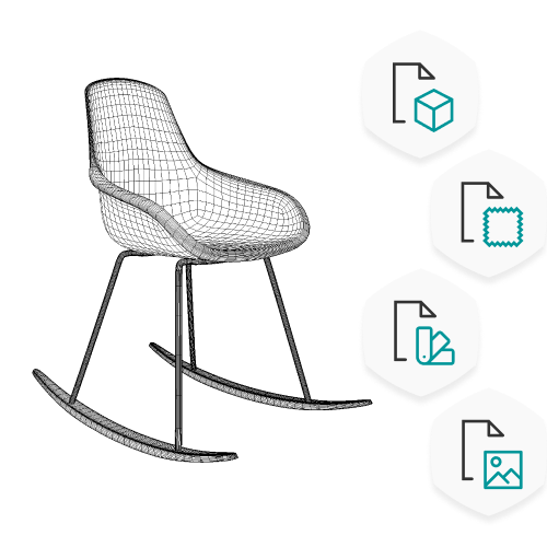 3D model of a rocking chair showing the wire frame with icons of other 3D assets to be uploaded to the Emersya Platform: 3D models, digital materials, color palettes and images