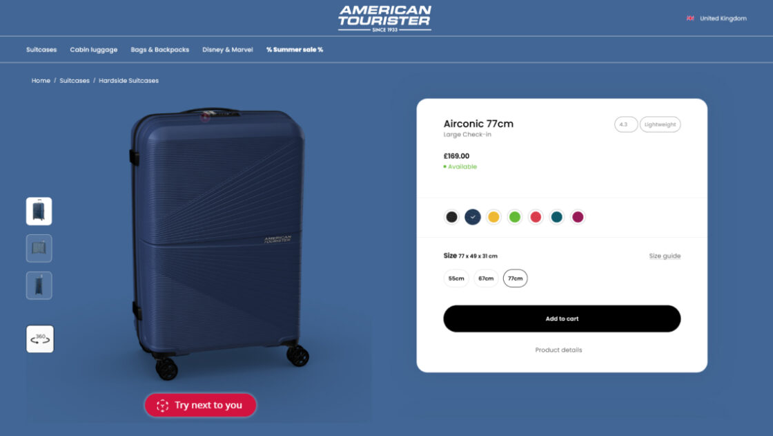 Screenshot of the American Tourister Airconic suitcase (navy blue, 77cm model) webpage including Emersya's 3D viewer. Customers can easily switch between all available colors and sizes. 3D model on the left side of the screen, color & size options on the right side. Customers can also try out the suitcase in augmented reality in their own space.