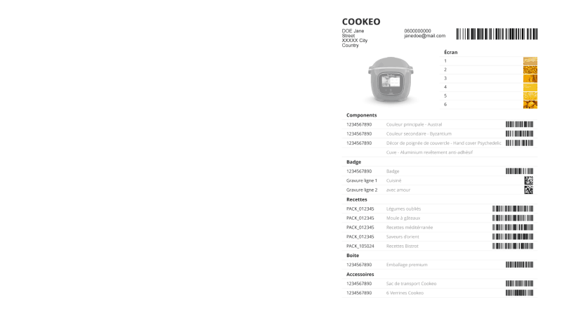 Mockup of production files for a custom Cookeo with a recap of selected options