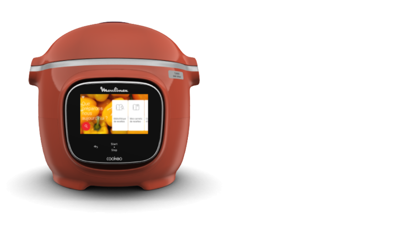 Front view of a customized orange Cookeo by Moulinex where the screen is on