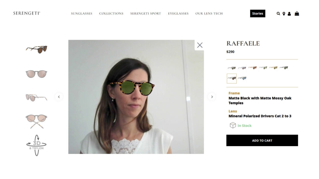 screenshot Serengeti website with customer trying out Raffaele sunglasses thanks to Emersya AR technology