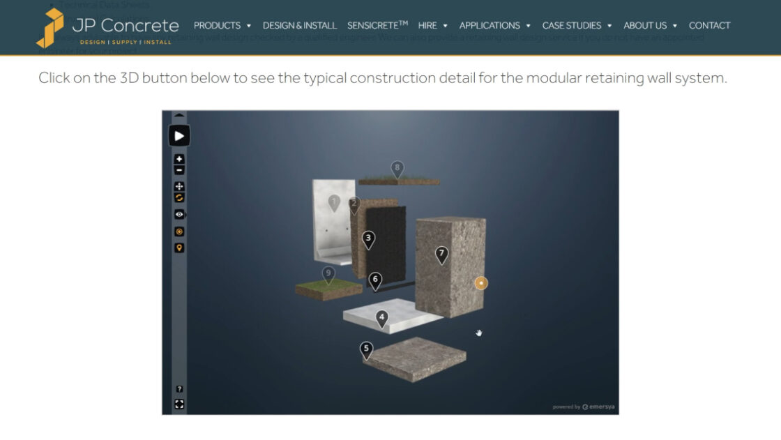 screenshot of an exploded view of JP Concrete modular retaining wall system