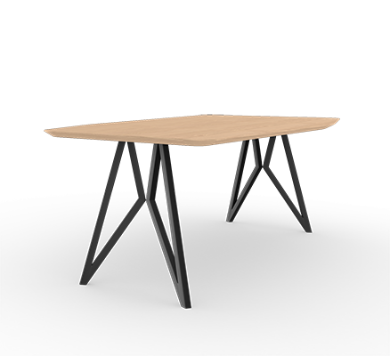 Photo-realistic 3D render of a custom made table by Studio Henk. The table has a rectagular table top finished with a natural oak lacquer and a black steel butterfly frame.
