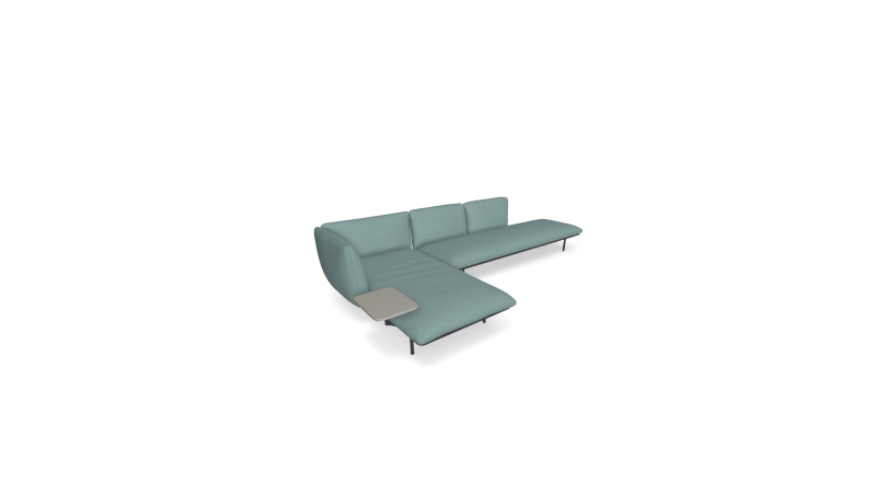 Photo-realistic 3D render of the Tribù Senja sofa set 6 with upholstered in an azure blue canvas with black aluminum legs and a teak side table