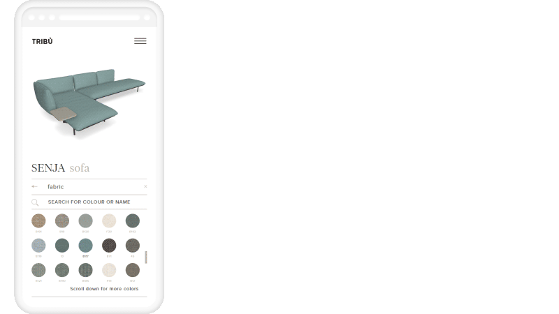 Mock-up of a mobile phone showing the 3D configurator for the Senja Sofa on the Tribù website. The configurator has an Emersya Interactive 3D viewer embedded and the configurator interface underneath. The user interface shows a drop-down list with thumbnails for all of the fabric options for the sofa upholstery.