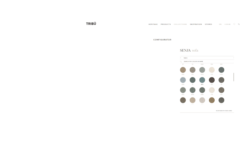3D configurator for the Senja Sofa on the Tribù website. The configurator has an Emersya Interactive 3D viewer embedded on the left-hand side of the webpage and the configurator interface on the right-hand side. The user interface shows a drop-down list with thumbnails for all of the fabric options for the sofa upholstery.