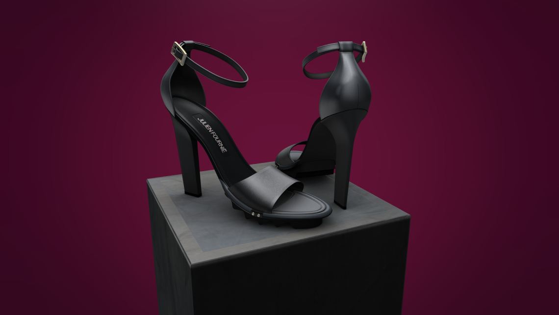 3D model of Julien Fournié black high heel sandals on a black pedestal. Purple background