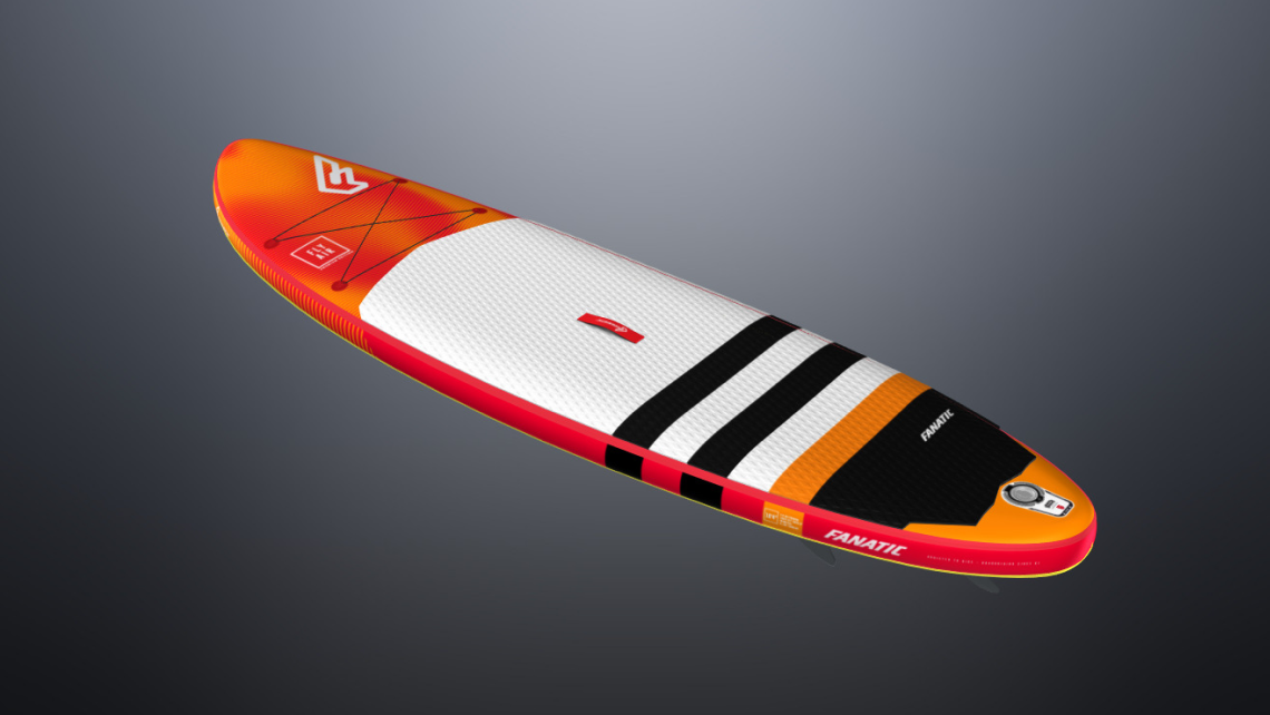 3D model of the Fanatic FlyAir surfboard. Orange, red, white and black board. Dark grey background