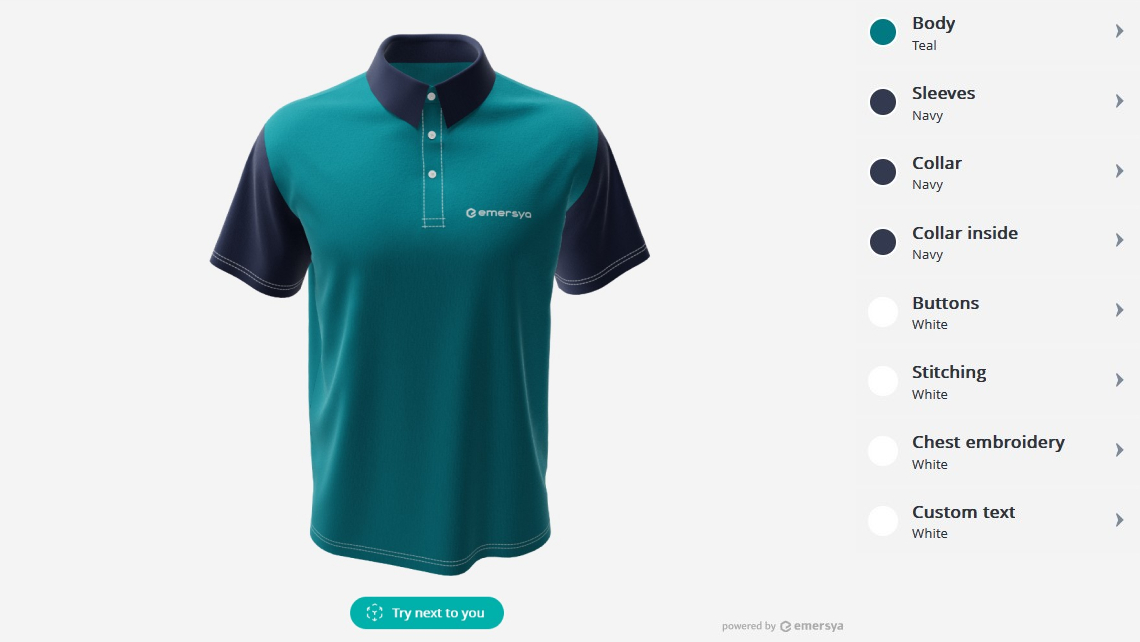 Screenshot of an Emersya Polo shirt customizer webpage. The real-time 3D preview shows a polo shirt with a turquoise body, navy blue sleeves and collar, white buttons and stitiching and a white embroidered Emersya logo on the left breast.