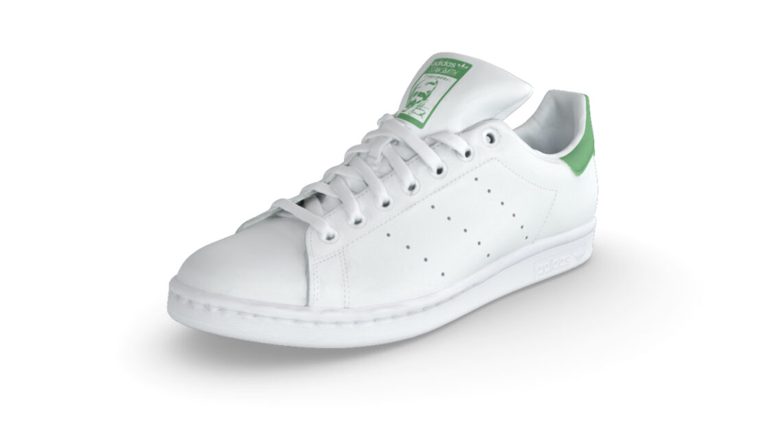 3D model of an Adidas Stan Smith shoe. Classic model, white and green. White background