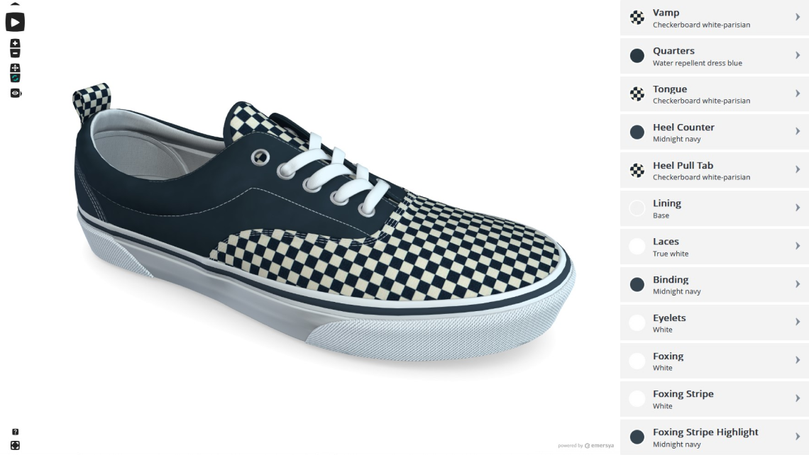 Screenshot of the Vans customizer webpage. On the left 3D viewer with black and chessed model. On the right, selected options