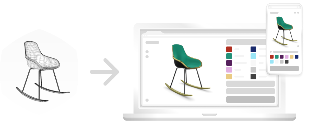 A 3D model of a rocking chair is transformed into an online Interactive 3D rocking chair customizer for both desktop and mobile