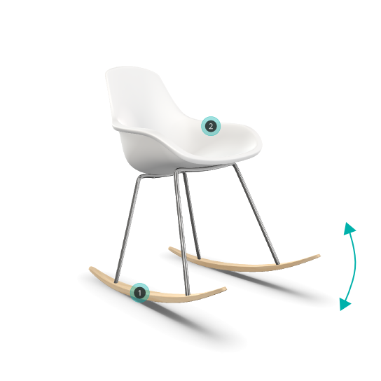 Rendered 3D model of a rocking chair with a white plastic seat, metal legs and light wooden rockers. The chair is shown in a rocking position with a narrow indicating its forward and backward movement. There are 2 numbered triggers on the chair, one on the rocker to start the rocking animation and one on the chair seat to trigger another animation.