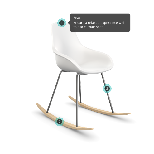 Rendered 3D model of a rocking chair with a white plastic seat, metal legs and light wooden rockers. There are 3 numbered hotspots on the chair that provide information about the chair's features. The first one, on the top of the chair seat, is open and reads "Seat - Ensure a relaxed experience with this arm chair seat". The second hotspot is on one of the rockers and the third of one of the metal legs.