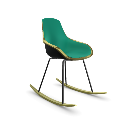 Rendered 3D model of a rocking chair with a gold trimmed plastic seat, emerald green on the inside and black on the outside, dark metal legs and gold colored wooden rockers