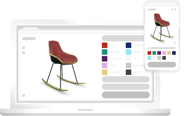 Mock-up of an Emersya Interactive 3D configurator for a contemporary rocking chair. The configurator is made up of two parts. The first part has an embedded Emersya Interactive 3D viewer rendering a rocking chair with mat crimson plastic seat, dark metal legs and dark wooden rockers. The second part shows a mock-up of a custom user interface displaying a number of different color options for one of the configurable parts of the chair. The mock-up is shown both in desktop format on a laptop and in mobile format on a mobile phone.