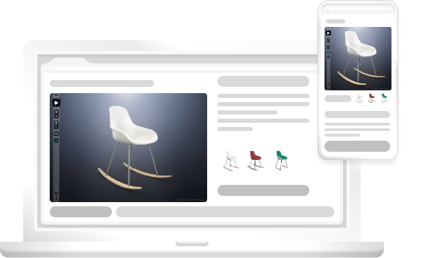 An Emersya Interactive 3D viewer rendering a rocking chair with a white plastic seat, metal legs and light wooden rocker, is embedded in a mock-up of an online product page shown both in desktop format on a laptop and in mobile format on a mobile phone.