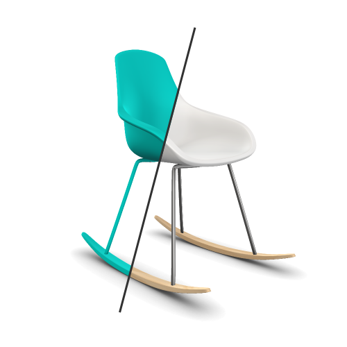 Textured 3D model of a rocking chair split down the middle to show the model before and after the rendering parameters have been edited for each part. The left half of the chair model has a turquoise plastic material applied to all parts while the right half shows the finalized rendering: white plastic seat, metal legs and light wooden rockers.