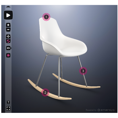 An Emersya Interactive 3D viewer rendering a rocking chair with a white plastic seat, metal legs and light wooden rockers. The 3D viewer has a menu bar down the left-hand side with a number of buttons including 2 which are highlighted in pink. There are 3 numbered hot-spots on the chair that are highlighted in the same pink as the buttons in the 3D viewer menu.