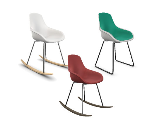 3 different colorway variants for the rendered 3D model of a rocking chair. The first has a shiny white plastic seat, chrome metal legs and light wooden rockers. The second has a mat crimson plastic seat, dark metal legs and dark wooden rockers. The third has a matt platstic seat with an emerald green inside and a white outside, with a dark metal sled base.