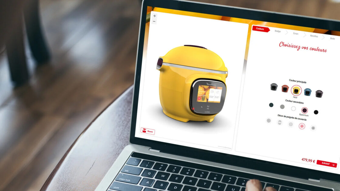 Emersya Homepage image presenting a 3D & AR project. A customer is personalizing in real time his future Cookeo, a multicooker, on the Tefal web page. He can choose the main color, a secondary one and the decoration on the lid handle.