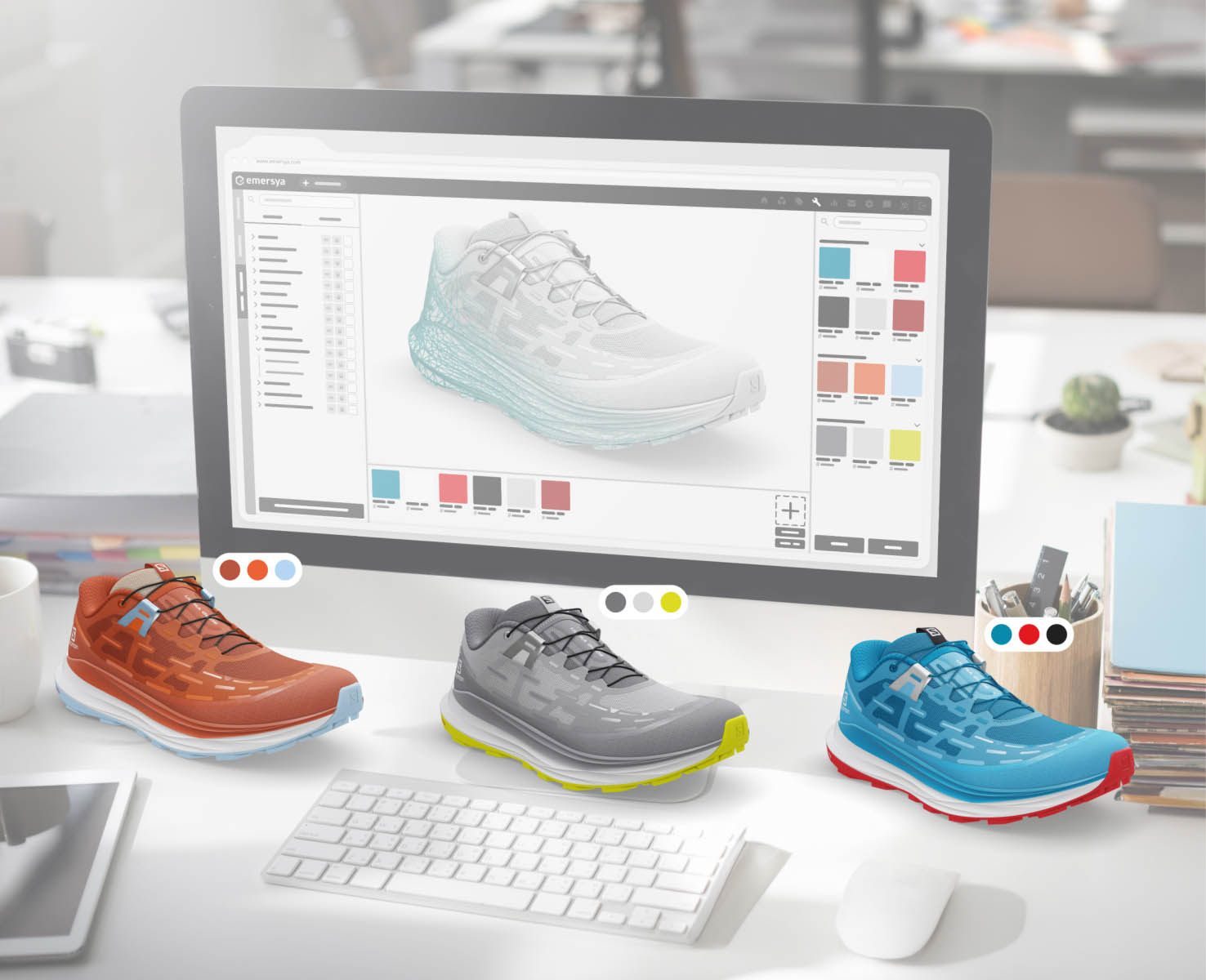 Emersya Homepage Salomon Ultra Glide shoe colorways and digital samples creation. Based on the same 3D model of shoe, with the colors and materials uploaded in the Emersya platform, 3 different colorways have been created.