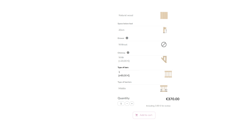 Interactive 3D configurator interface on Mon Lit Cabin's website, showing the different parts of the cabin bed that can be configured and a preview of the options selected by the customer. The price of the selected options is calculated in real-time and shown that the bottom of the menu.