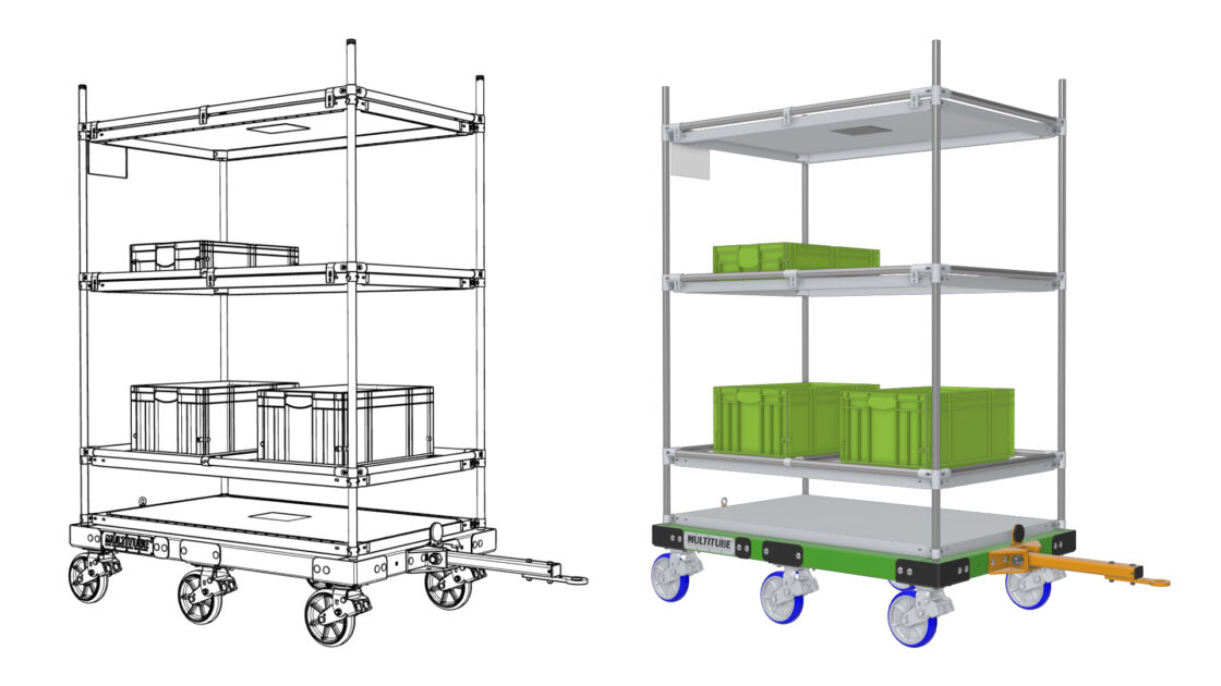 Picture presenting 2 picking trolleys from Multitube using Emersya interactive 3D. The first one on the left is STEP file and the one on the richt is an optimized interactive 3D render