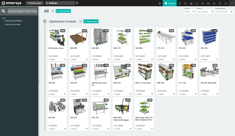 Multitube’s project dashboard on the Emersya Platform. The brand uploaded all the 3D files in a first folder and there is a second folder for the optimized model once they have been processed by the Emersya platform.