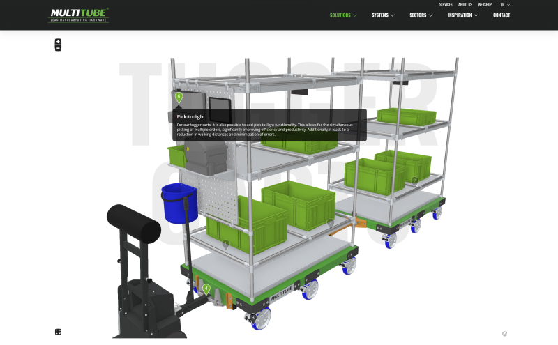 Picture presenting 2 picking trolleys from Multitube using Emersya interactive 3D. By clicking on the triggers, you can discover all the hidden features of the product. Dynamic annotations provide detailed product insights.