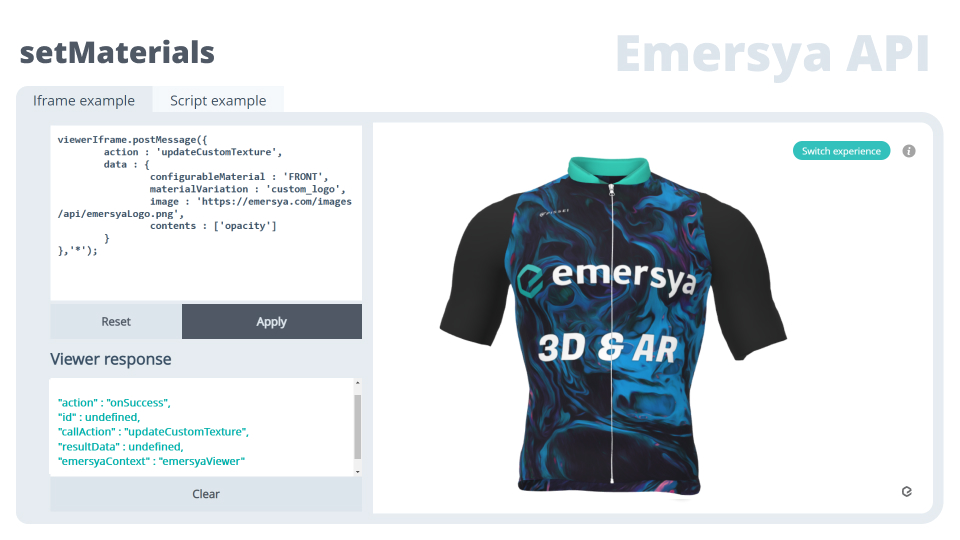 Personnalisation d'un maillot à manches courtes sur la page web de la marque Pissei. En utilisant la plateforme Emersya, Pissei a créé une expérience immersive, utilisant la 3D interactive, qui permet au client de créer son propre maillot en personnalisant le devant, le dos, chaque manche, le cou, les côtés et les poches. Une fois l'expérience créée sur la plateforme Emersya, vous pouvez facilement la placer sur n'importe quel CMS en utilisant une iframe.