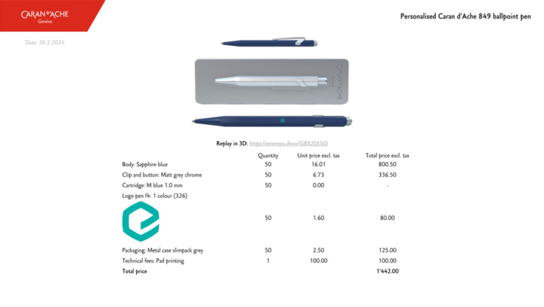 Caran d'Ache + Me order management tool. Using the Emersya platform Caran d'Ache created a complete customization experience of the 849 Ballpoint Pen for their B2C and B2B customers. Here is the summary concerning all the selected options choosen by the customer with price and quantities in the order mangement back office.