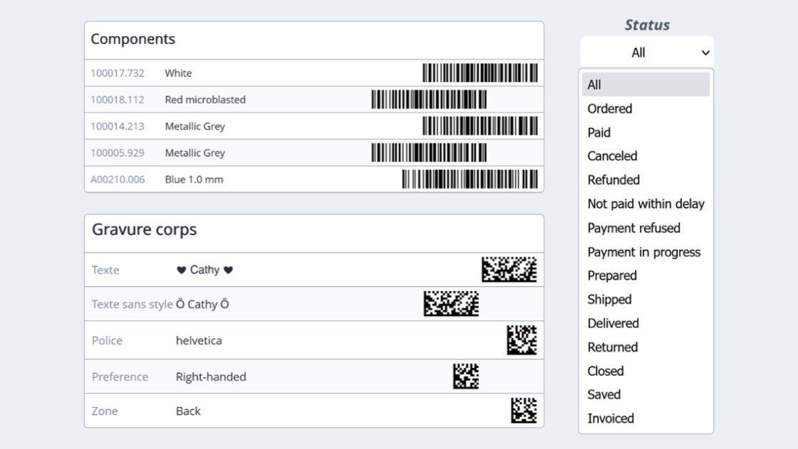 Caran d'Ache + Me order management tool. Using the Emersya platform Caran d'Ache created a complete customization experience of the 849 Ballpoint Pen for their B2C and B2B customers. Here is the summary concerning all the selected options choosen by the customer in the order mangement back office.