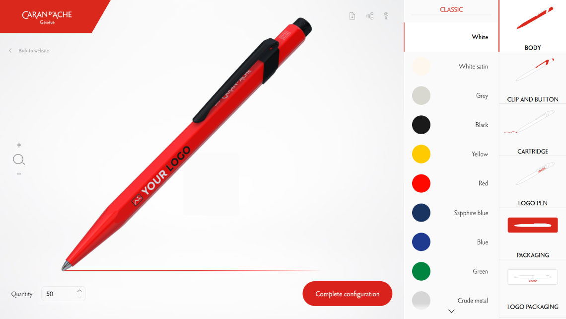 Caran d'Ache + Me webpage. Using the Emersya platform Caran d'Ache created a complete customization experience of the 849 Ballpoint Pen for their B2C and B2B customers.