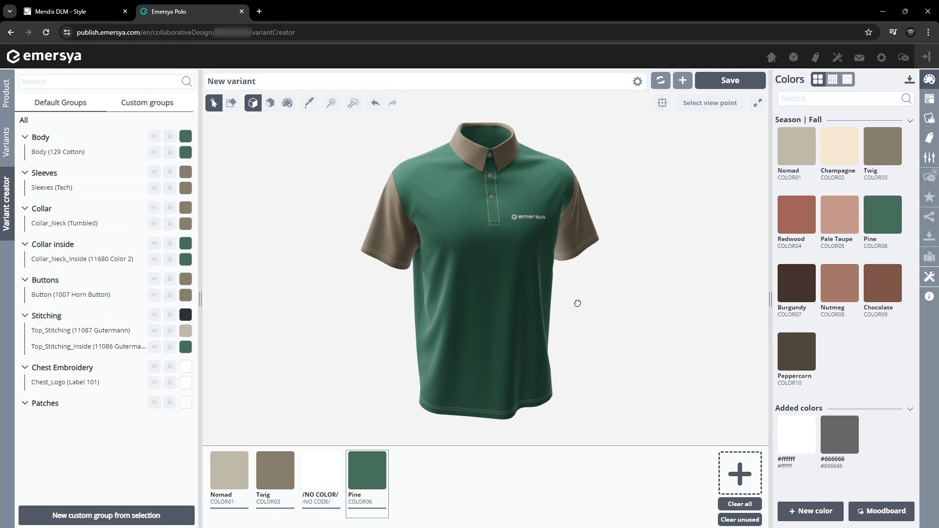 Screenshot of the Emersya DPC solution being used to create a product variant by applying colors from a selected palette to the different parts of the product