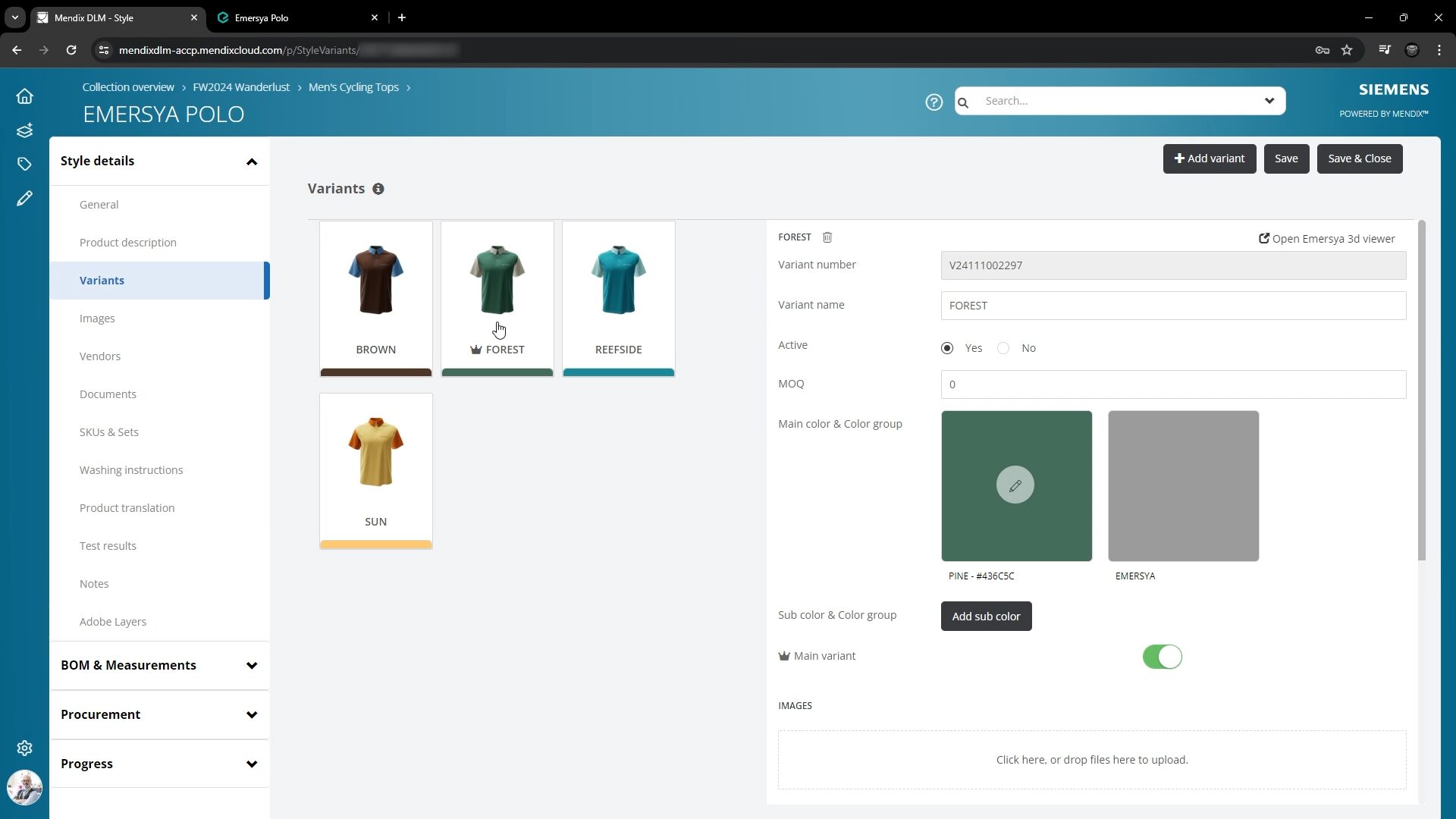 Screenshot of the Mendix DLM Solution showing the dashboard ovreview of the different style variants available for a selected style. The variant that has been created using the Emersya solution has been added to the dashboard.