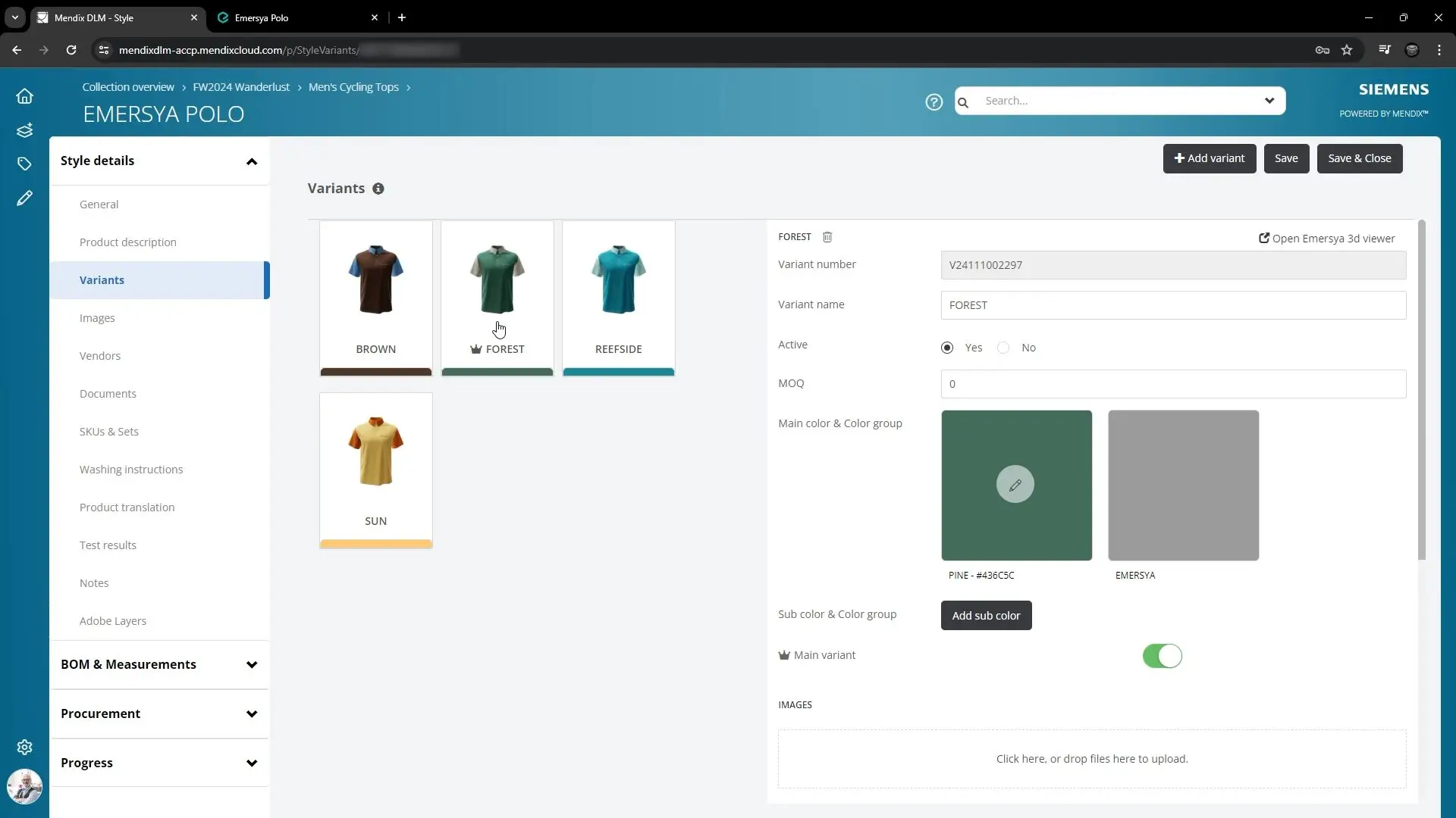 Screenshot of the Mendix DLM Solution showing the dashboard ovreview of the different style variants available for a selected style. The variant that has been created using the Emersya solution has been added to the dashboard.