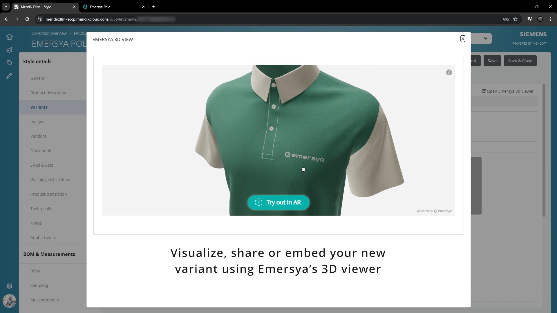 Screenshot of the Emersya Interactive 3D viewer showing the new style variant within the Mendix DLM platform