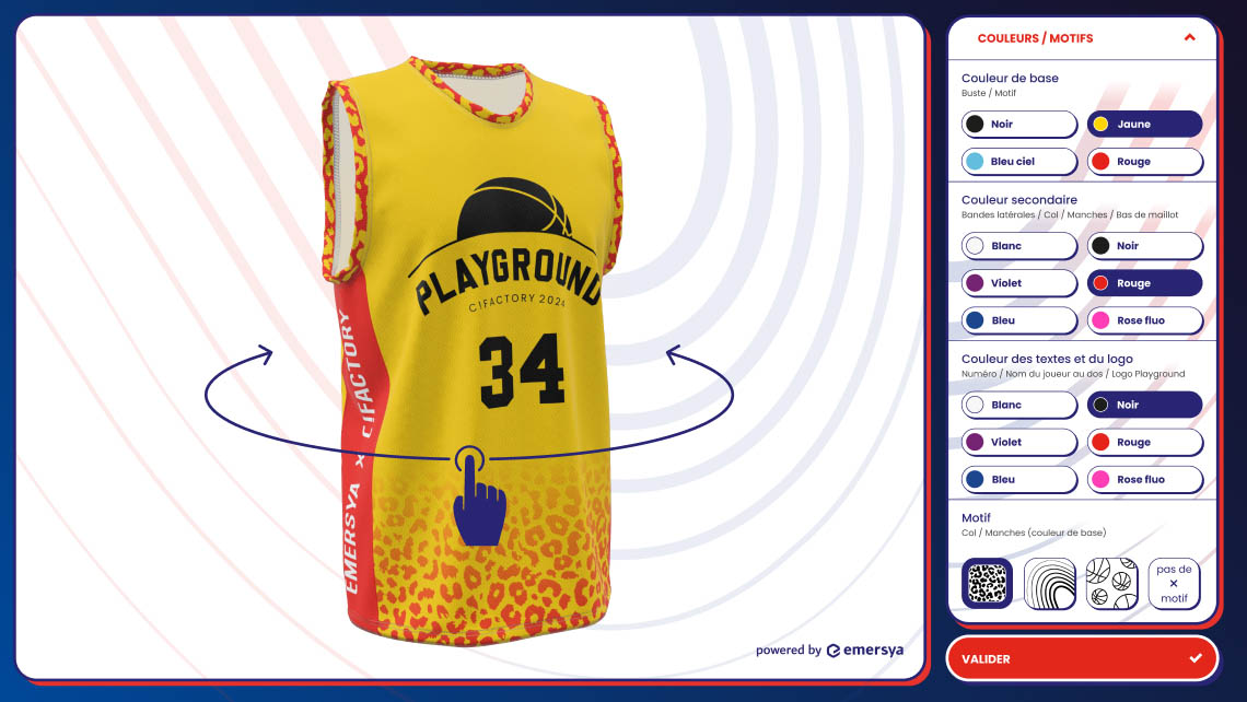 The online interface of the Interactive 3D product customization experience for mase-to-order basketball jerseys